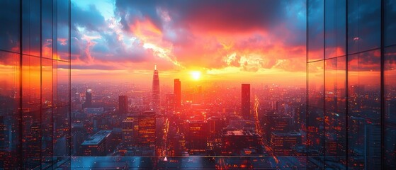 Fototapeta premium Fiery sunset cityscape viewed through glass