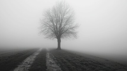 Lonely tree, foggy field, path awaits.