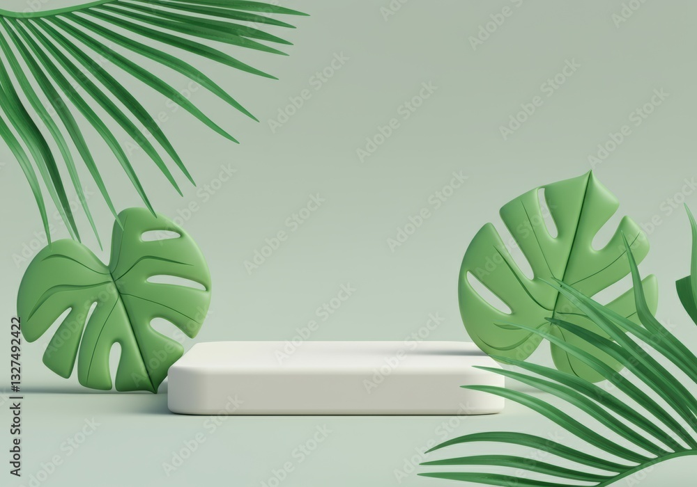 Poster Minimalist mockup with green leaves and a blank display platform