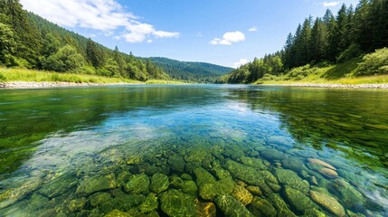 Fototapeta premium A serene river scene featuring clear water, visible stones beneath, and lush greenery along the banks under a bright blue sky.
