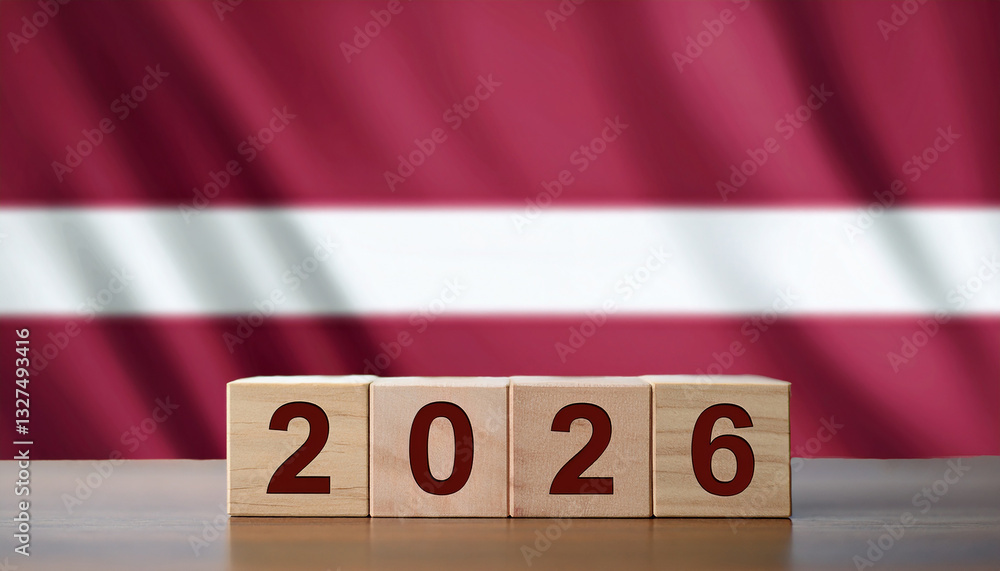 Poster wooden cubes with number 2026 on table in front of blurred latvian flag. new year.