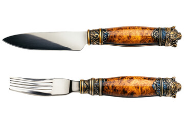An Elegant Knife And Fork Set, Showcasing Rich Amber Wood Handles Intricately Detailed With Gold And Blue Accents Against A Pristine White Backdrop Isolated on Transparent Background