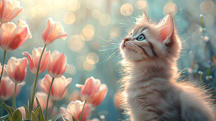 Kitten with tulips isolated on Pastel Blue Background, empty space for text placement