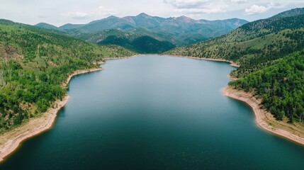 Obraz premium A serene landscape featuring a tranquil lake surrounded by lush greenery and distant mountains under a cloudy sky.