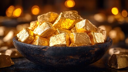 Mesmerizing Composition of Gold Ingots on Rustic Dark Table Representing Prosperity and Elegance