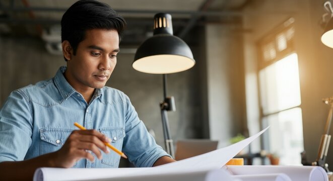 Young asian male architect reviewing plans in modern office setting