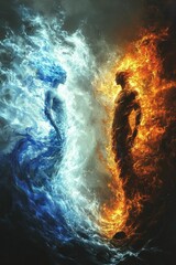 Opposing elemental beings, fire and ice, clash dramatically.
