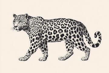 Fototapeta premium Round hefty leopard with vivid spots joining wit and vintage art feel sketch cutting AI-crafted vector art scratch style echo black white frame 