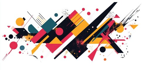 An abstract composition of colorful geometric shapes and lines