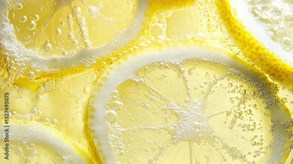 Poster refreshing lemon soda textured background with bubbles for beverage design