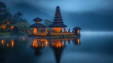 Obraz premium Misty temple on tranquil lake at dawn