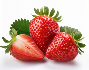 belles fraises charnues sur fond blanc en ia avec les feuilles