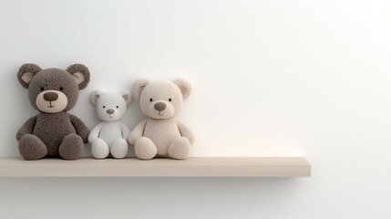 Three teddy bears sitting on a shelf against a white wall; perfect for children's room decor or online stores