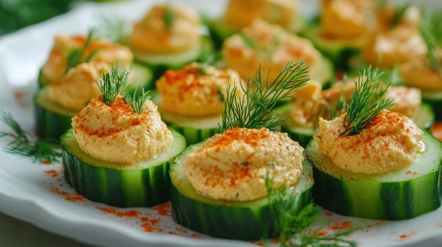 Refreshing cucumber bites topped with creamy hummus and dill, perfect appetizer