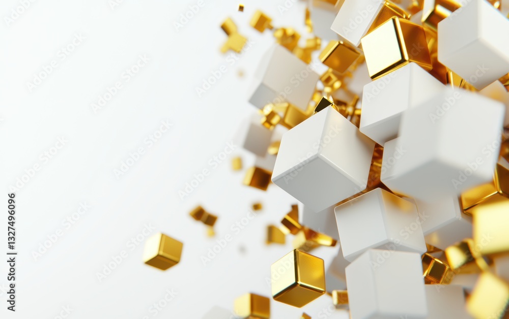 Poster luxury abstract geometric design, a disassembled cube with metallic and matte elements, creating dep