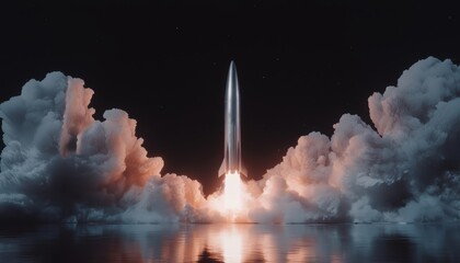 Futuristic 3D-rendered space rocket taking off, detailed metallic textures, dynamic flame effects, and volumetric smoke clouds