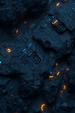 Futuristic alien landscape with glowing circuitry embedded in dark rock