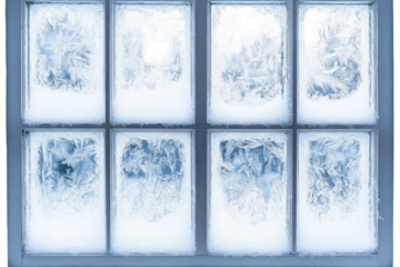 A Frosty Winters Day Captured Through A Vintage Window Pane, Showcasing Intricate Ice Crystals In Cool Blue Hues Isolated on Transparent Background