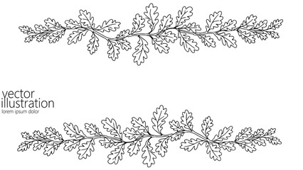 Oak leaves branch border. Floral design decoration element. Invitation card nature wedding decor. Minimalist line art drawing vector illustration