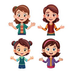 Set of a flat illustration of a girl cartoon both arms open in different fashions a dress