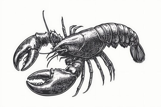 Lobster crayfish with fine claws legs and split tail showing sea life and pure form sketch etching AI-made vector art scratch style black white shot  
