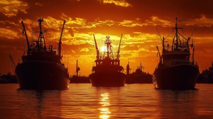 Obraz premium Colorful Sunset with Silhouetted Vessels in Harbor