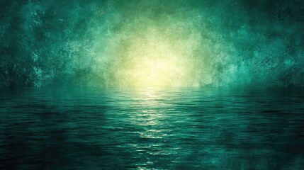 Serene teal water reflecting light, misty background, calm scene, design backdrop