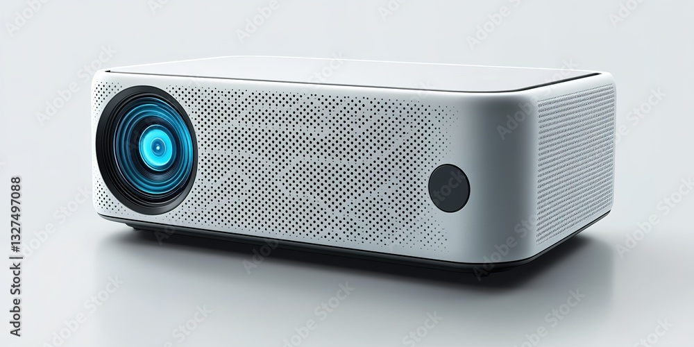 Poster compact white projector displaying vibrant blue light in a minimalist setting suitable for presentat