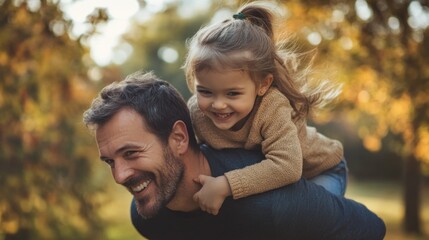 Fototapeta premium A Father's Joy: Piggyback Ride with Daughter Amidst Autumnal Splendor