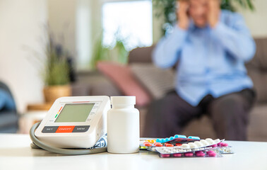 An old woman measures her blood pressure. Selective focus.