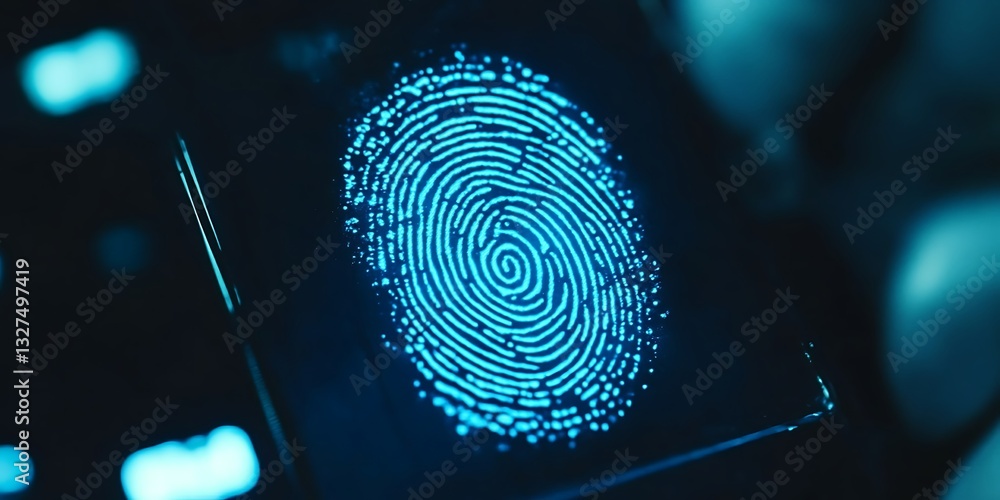 Poster futuristic fingerprint scanning, biometrics and identity verification system