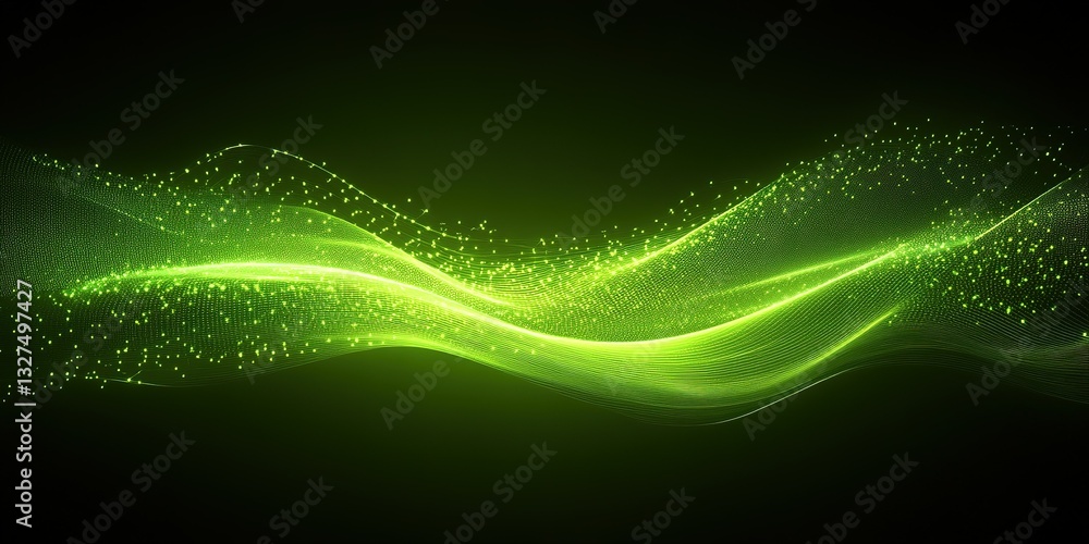 Poster vibrant green waves flow through a dark space, creating an atmosphere of energy and movement