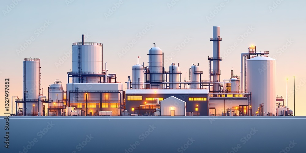 Poster industrial plant with illuminated structure during dusk showcasing modern architecture and technolog