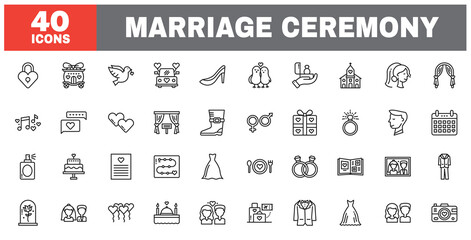 Set of 40 line icons marriage ceremony. Outline icon collection. Editable stroke. Vector illustration.