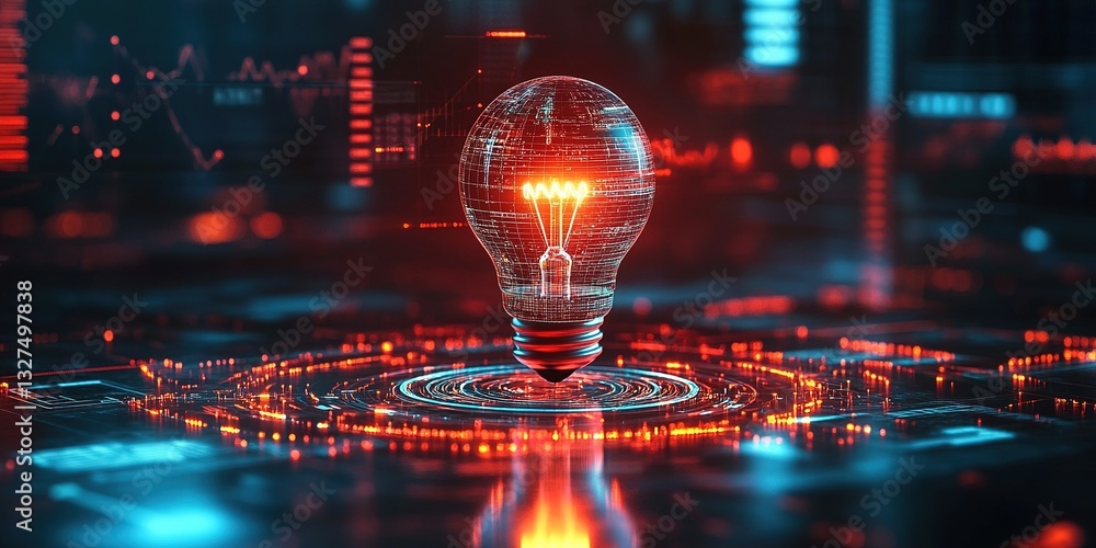 Poster light bulb design glowing with digital data at night, showcasing innovation and technology in a futu