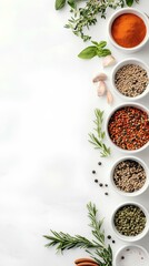 Colorful Array of Spices and Herbs Arranged on a White Background for Culinary Exploration