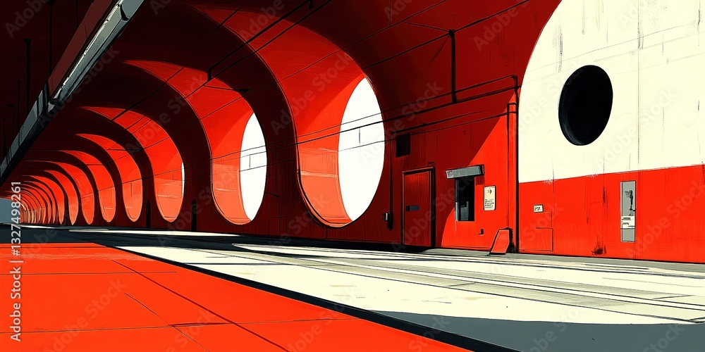 Poster modern train station with striking red and white design illuminated by soft light in an urban settin