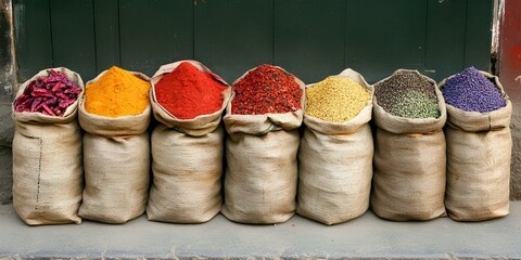 Fototapeta premium Colorful Array of Spices in Burlap Sacks at a Local Market