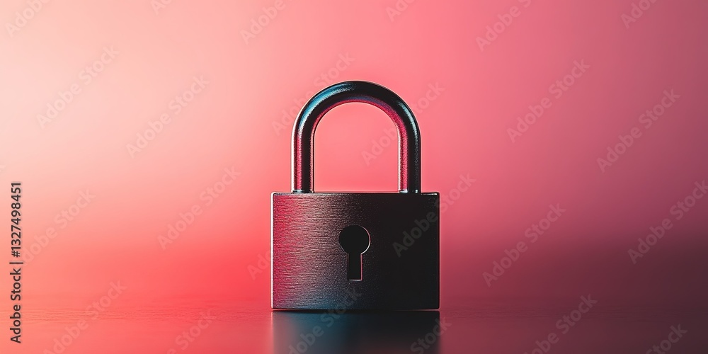 Poster stylish padlock sits against a vibrant red and pink background while casting a shadow on a reflectiv