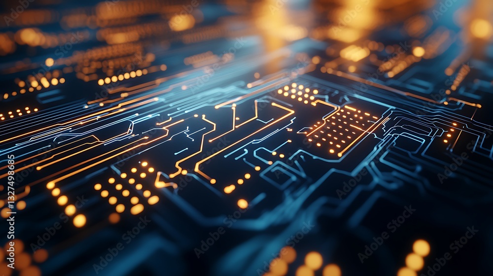 Poster futuristic microchip design with glowing circuits for technological innovation