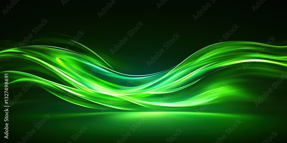 Poster flowing green light waves create a captivating atmosphere in abstract design