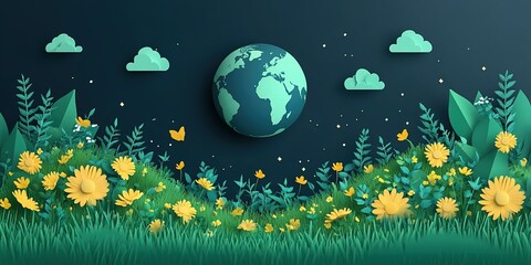 Creative representation of Earth surrounded by lush greenery and colorful flowers showcasing nature's beauty