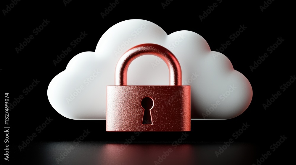 Poster futuristic digital cloud security concept, glowing red open padlock hovering over a virtual cloud, s