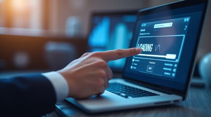 Loading screen on laptop display with progress bar. Person's hand touching digital interface. Technology concept for software update, data processing, and system optimization