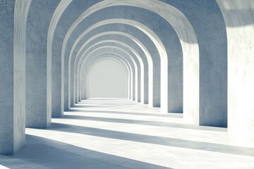 Naklejka premium Minimalist arched hallway with soft gradient colors, warm ambient glow, infinite depth perception, clean and modern architecture, 8K hyperrealistic