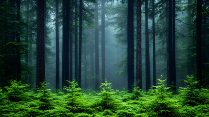Fototapeta premium Misty forest interior, tall trees, soft light
