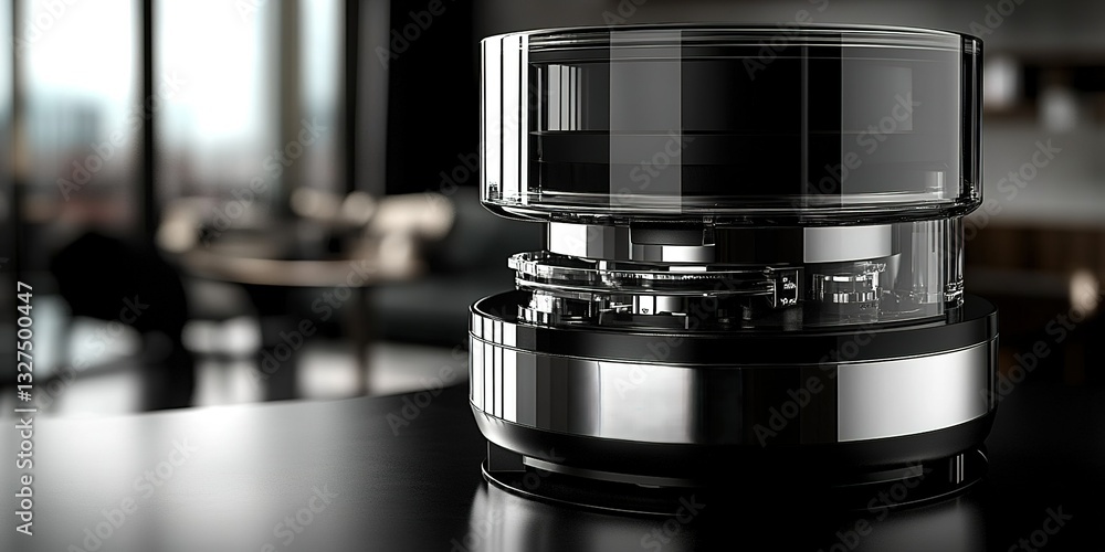 Poster modern home appliance displayed in a stylish interior setting with large windows and subtle lighting