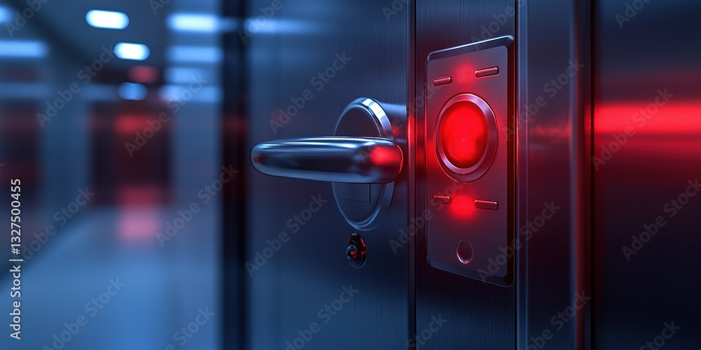 Aufkleber close-up view of a modern elevator button in a sleek hallway illuminated with red lights at night