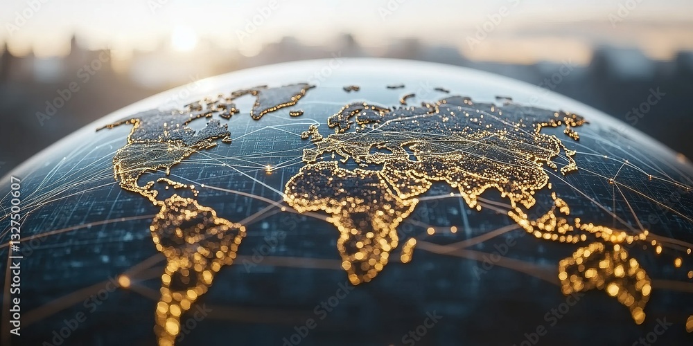 Poster global connectivity represented through illuminated world map at sunset showcasing intricate network