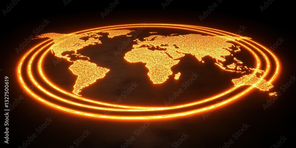 Poster visual representation of the world illuminated in orange with glowing energy rings surrounding the c